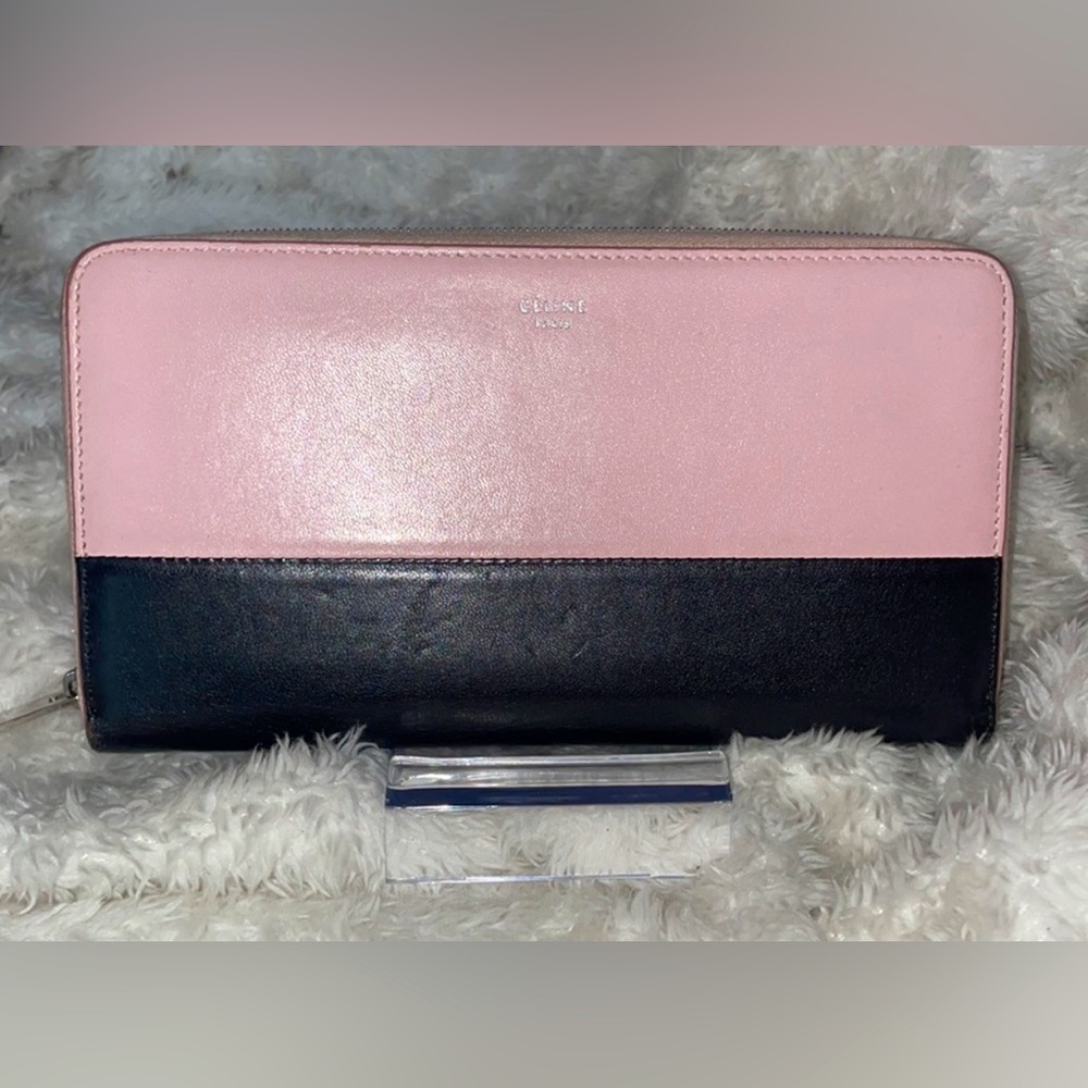 Celine bubble gum pink and black lambskin colorblock zip around wallet